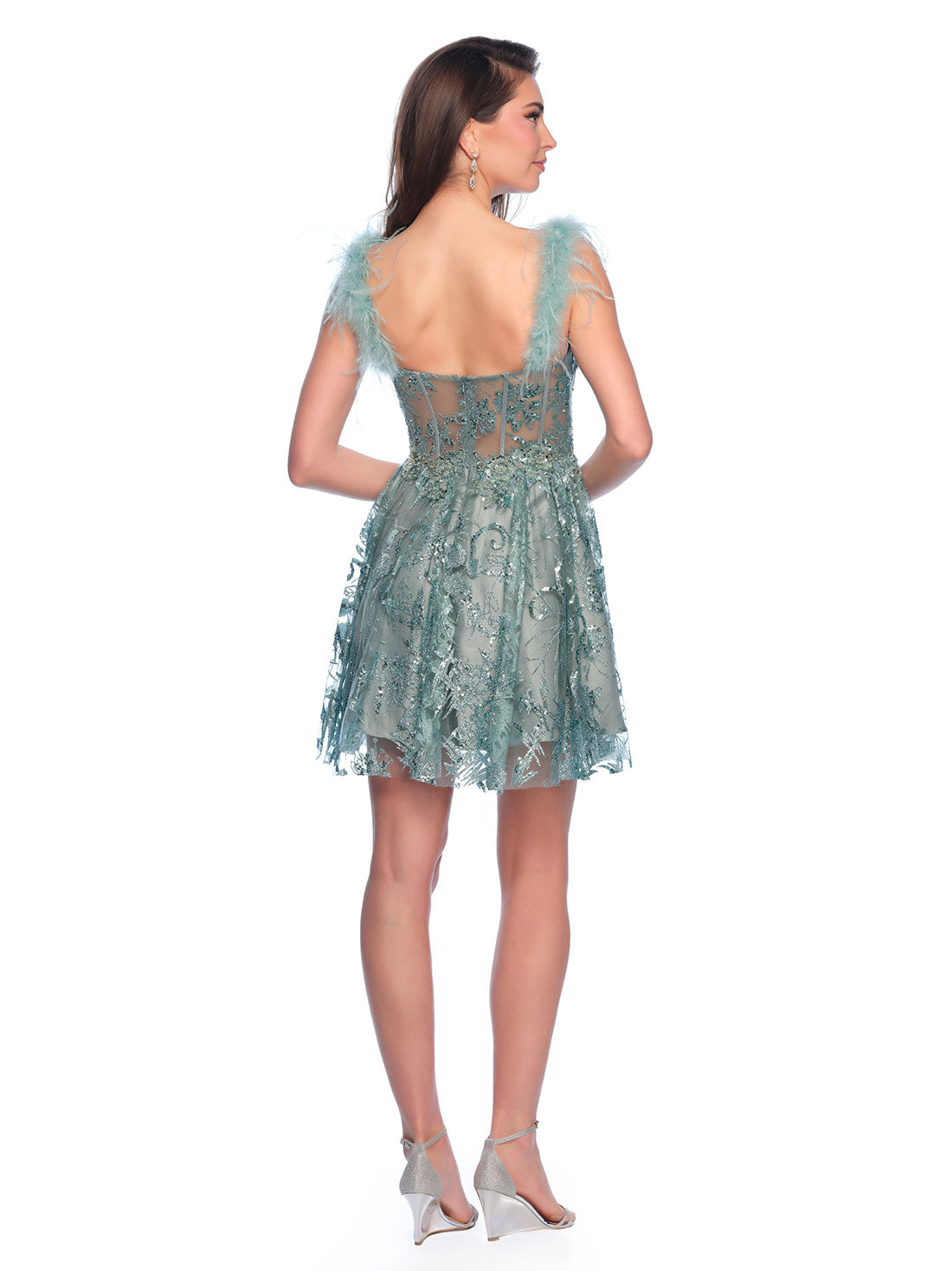 ALINE SEQUIN GLITTER DRESS WITH FEATHER STRAPS