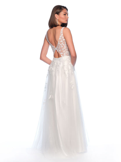 LEAF PATTERN ILLUSION BODICE WITH APPLIQUES THROUGH OUT THE DRESS, TULLE SKIRT