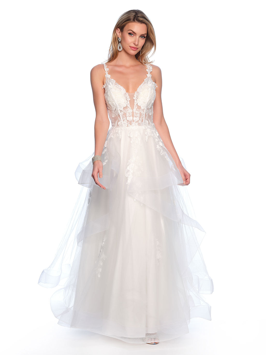 ASYMMETRICAL TIERED TULLE GOWN WITH ILLUSION EMBROIDERED BODICE