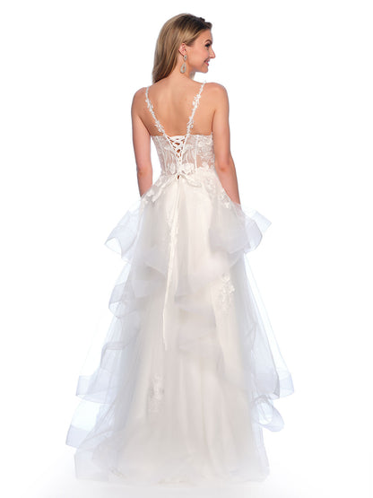 ASYMMETRICAL TIERED TULLE GOWN WITH ILLUSION EMBROIDERED BODICE