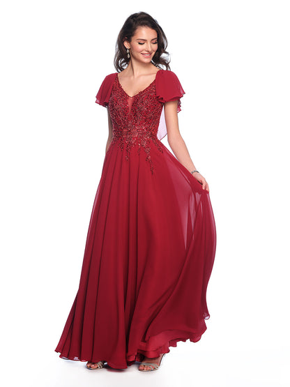 BEADED CHIFFON DRESS WITH FLOUNCE CAPE SLEEVES