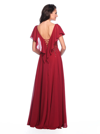 BEADED CHIFFON DRESS WITH FLOUNCE CAPE SLEEVES