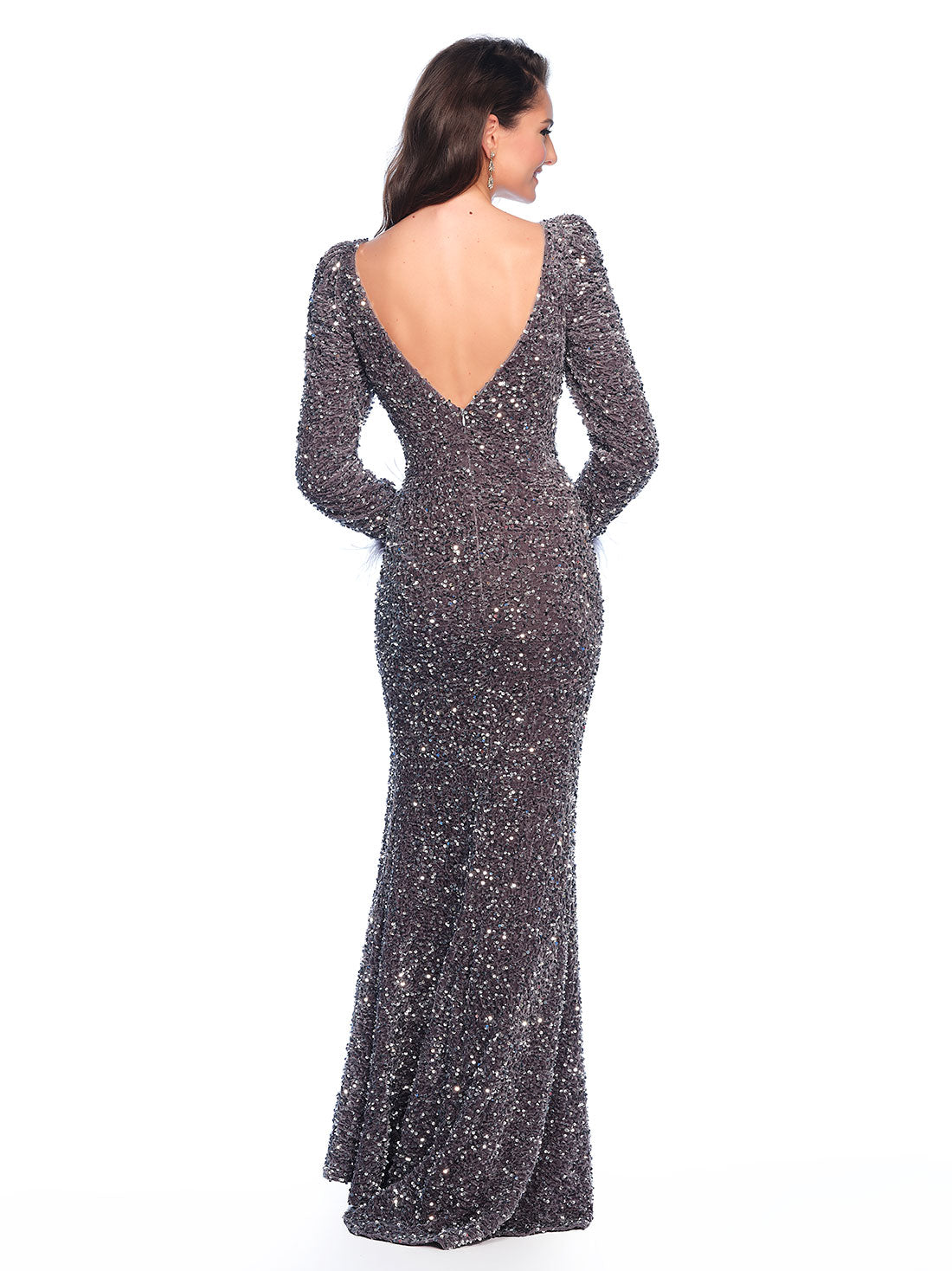 LONG SLEEVE SEQUIN VELVET DRESS WITH FEATHERED CUFFS