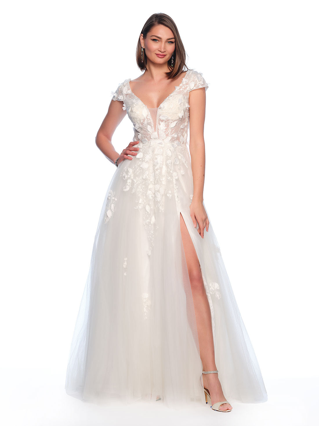 3D FLORAL CAP SLEEVE GOWN WITH TULLE SKIRT