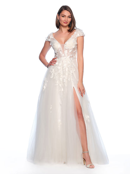 3D FLORAL CAP SLEEVE GOWN WITH TULLE SKIRT