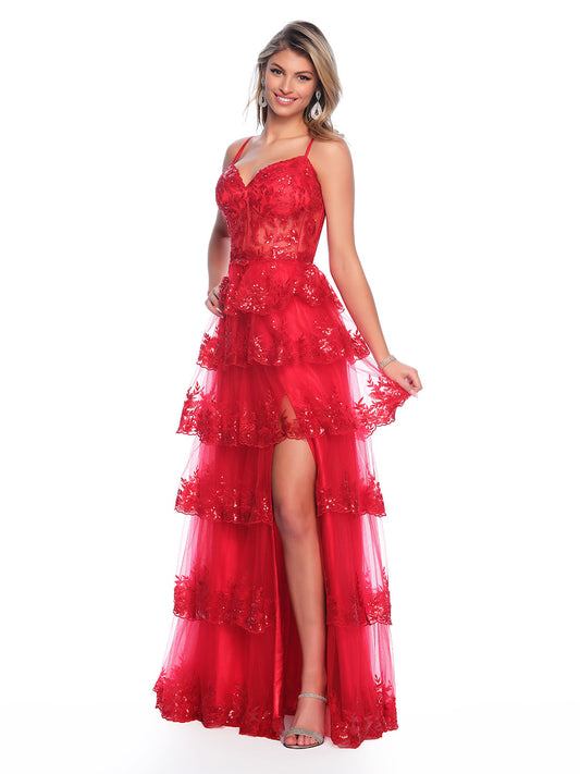 TIERED SEQUIN BALLGOWN WITH FRONT SIDE SLIT