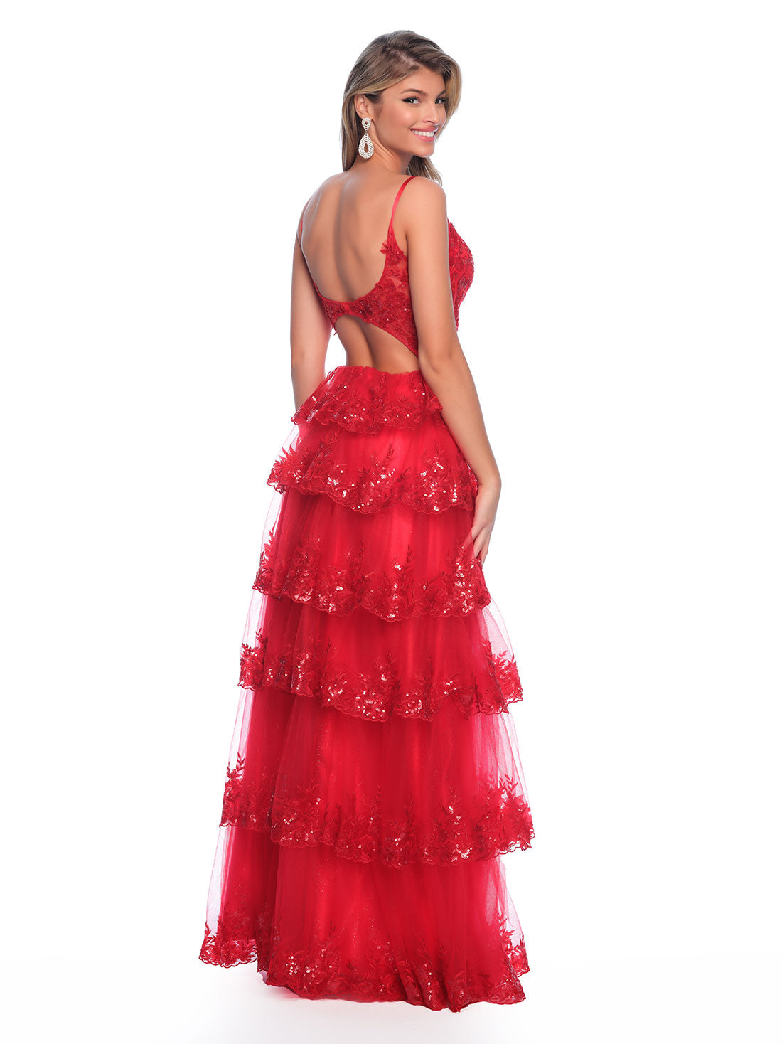 TIERED SEQUIN BALLGOWN WITH FRONT SIDE SLIT