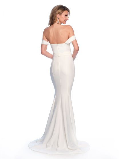 OFF THE SHOULDER FITTED SCUBA JERSEY GOWN WITH TRUMPET SKIRT