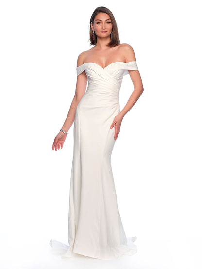 OFF THE SHOULDER SCUBA JERSEY GOWN WITH TRAIN