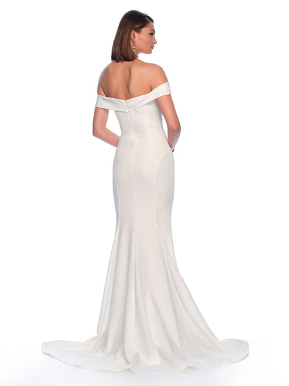 OFF THE SHOULDER SCUBA JERSEY GOWN WITH TRAIN