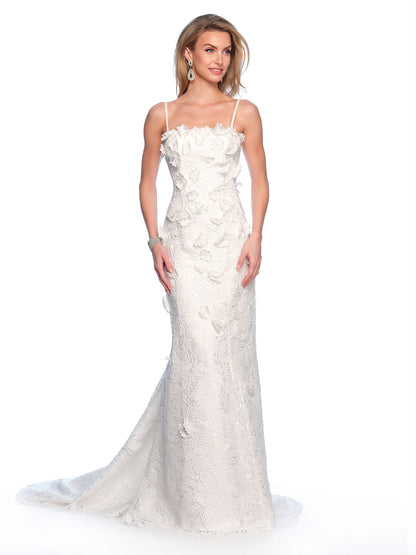 LACE GOWN WITH 3D APPLIQUES AND TRAIN