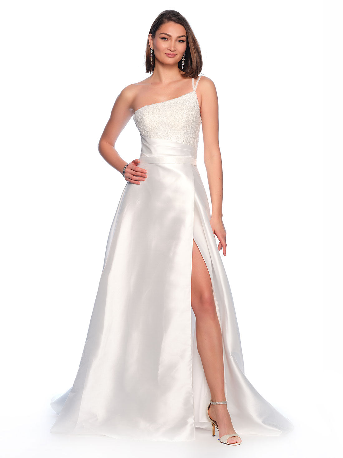 DOUBLE STRAP ONE SHOULDER BEADED BODICE WITH FULL SKIRT AND TRAIN