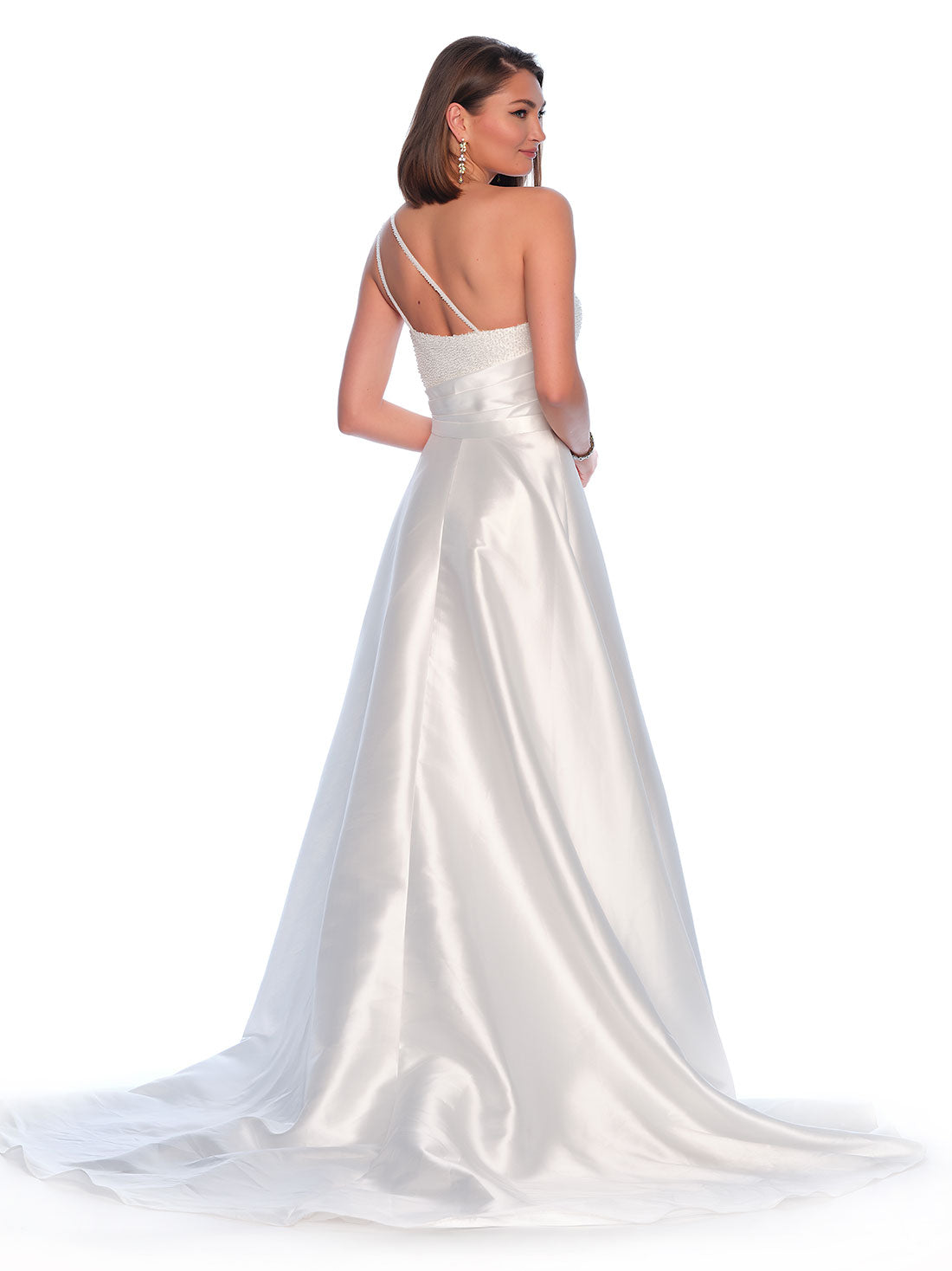 DOUBLE STRAP ONE SHOULDER BEADED BODICE WITH FULL SKIRT AND TRAIN