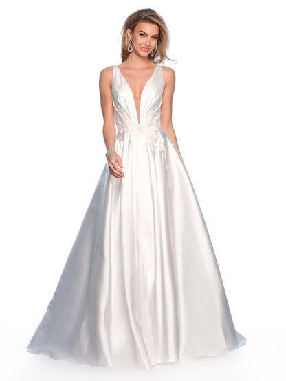 DEEP PLUNG V NECK SATIN GOWN, POCKET DETAIL