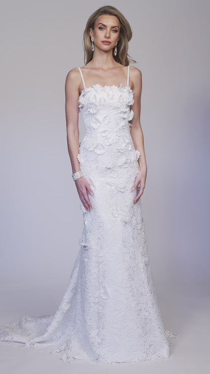 LACE GOWN WITH 3D APPLIQUES AND TRAIN