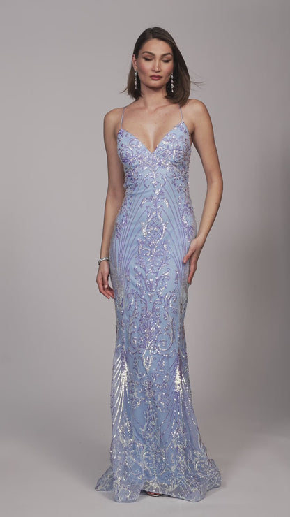 FITTED SHIMMER SEQUIN GOWN WITH STRAPPY BACK