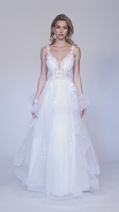 ASYMMETRICAL TIERED TULLE GOWN WITH ILLUSION EMBROIDERED BODICE