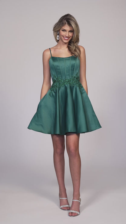 FLARED SATIN DRESS WITH EMBROIDERED WAISTBAND