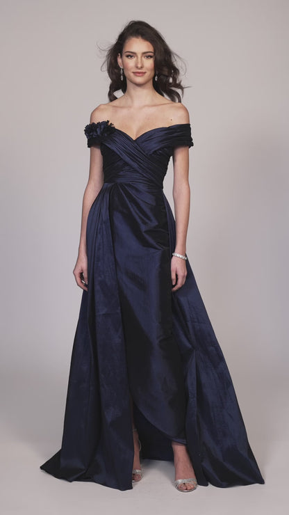 OFF SHOULDER TAFFETA DRESS WITH OVERLAY SKIRT