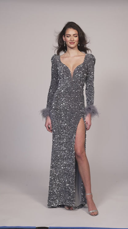 LONG SLEEVE SEQUIN VELVET DRESS WITH FEATHERED CUFFS