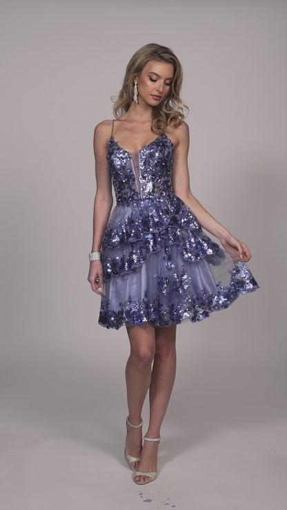 ASYMMETRICAL RUFFLE DRESS WITH SEQUIN ILLUSION BODICE