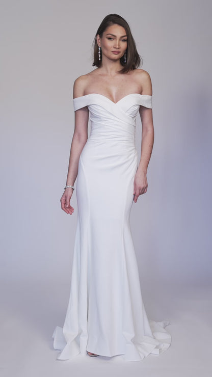 OFF THE SHOULDER SCUBA JERSEY GOWN WITH TRAIN