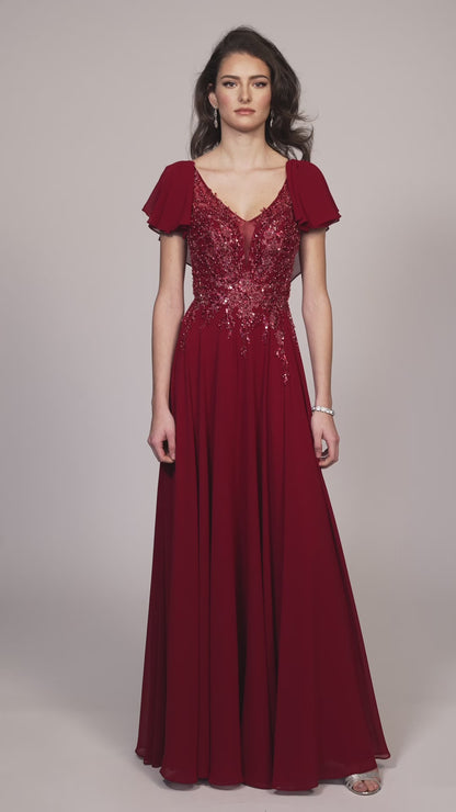 BEADED CHIFFON DRESS WITH FLOUNCE CAPE SLEEVES