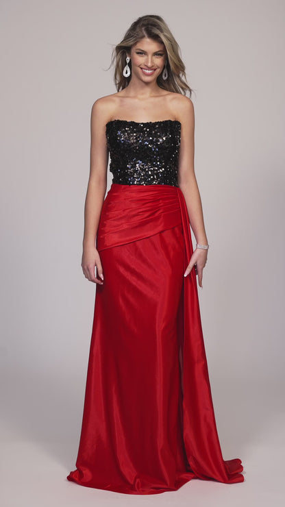 SEQUINS BODICE WITH FITTED SHINY JERSEY SKIRT SIDE SASH
