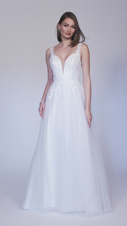 EMBROIDERED GOWN WITH THICK STRAPS AND TULLE SKIRT