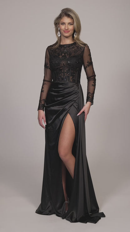 LONG SLEEVE GOWN WITH SEQUIN DETAIL AND FITTED SKIRT