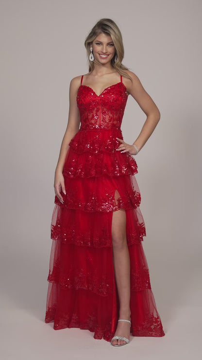 TIERED SEQUIN BALLGOWN WITH FRONT SIDE SLIT