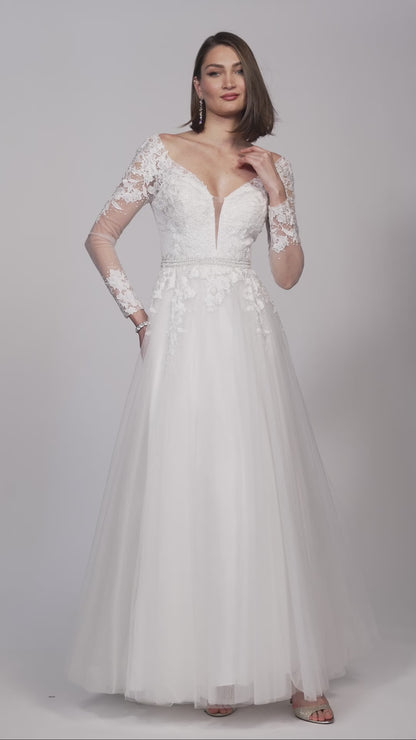 LACE LONG SLEEVE MESH PLUNGE BELTED WEDDING GOWN