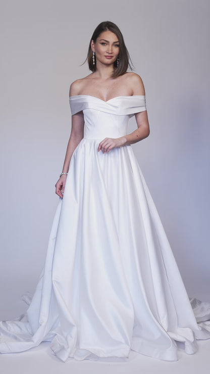 OFF THE SHOULDER SATIN A-LINE WEDDING DRESS