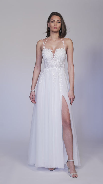 EMBROIDERED BODICE WITH CRISSCROSS HALTER STRAP DETAIL AND ALINE SKIRT