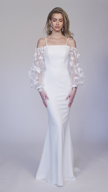 FITTED GOWN WITH SHEER SLEEVES AND 3D APPLIQUES