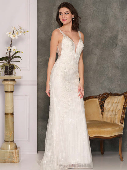 BACKLESS LACE STRAP PLUNGE LINED WEDDING GOWN