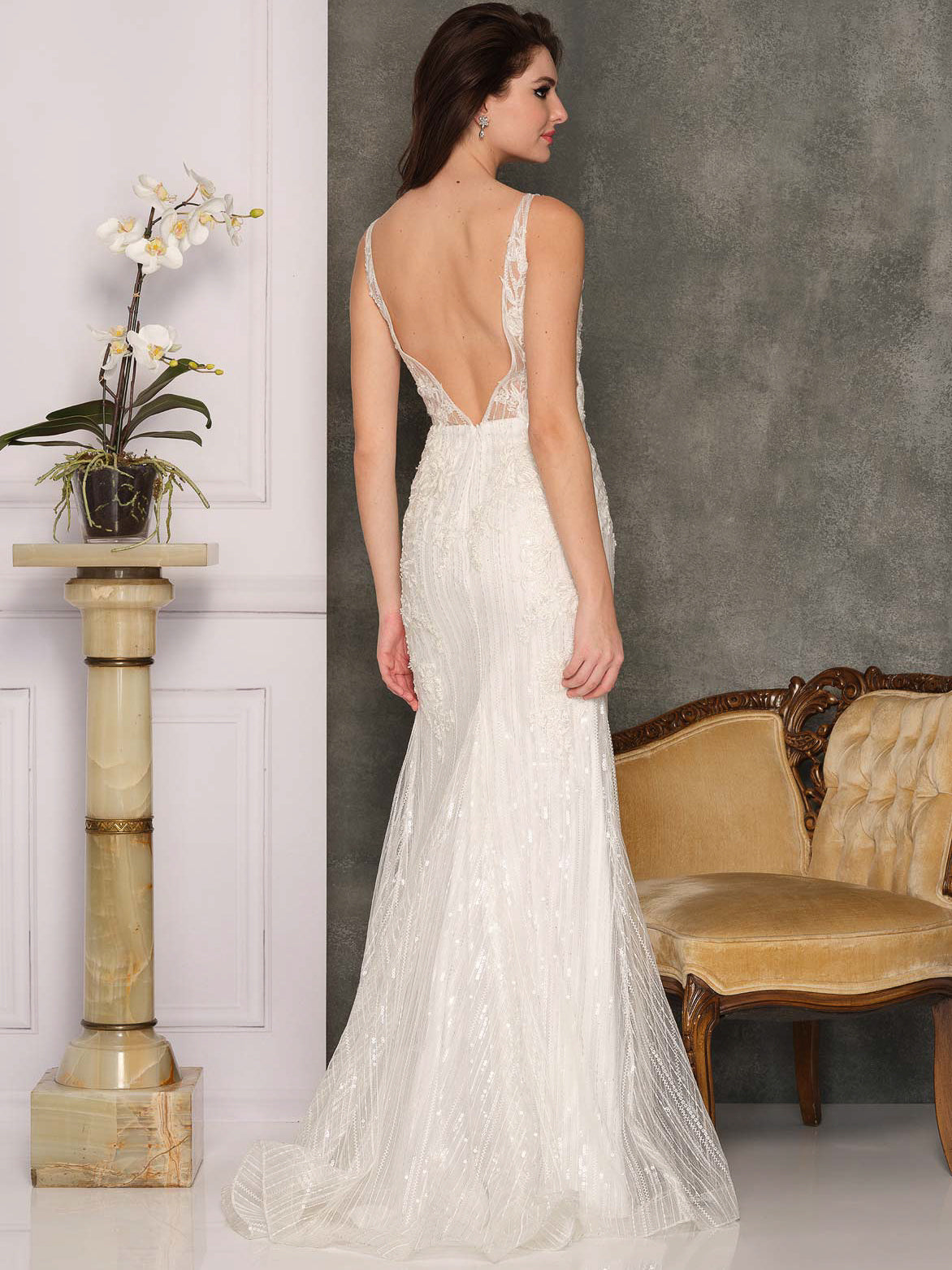 BACKLESS LACE STRAP PLUNGE LINED WEDDING GOWN