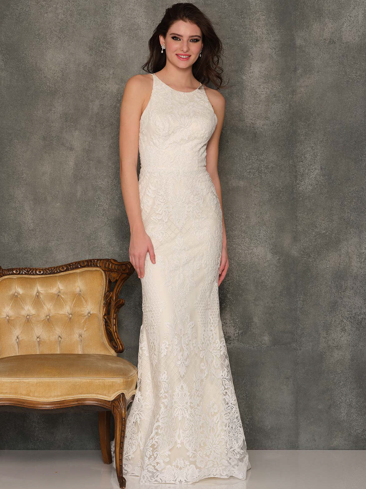 HIGH NECK LACE UP BACKLESS WEDDING GOWN