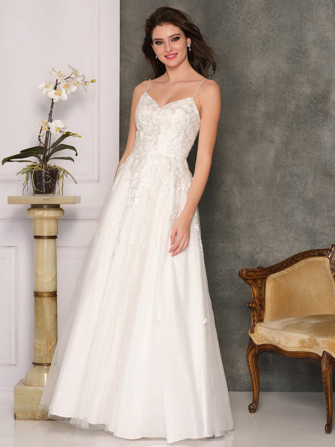 SPAGHETTI STRAP EMBROIDERED A-LINE WEDDING GOWN