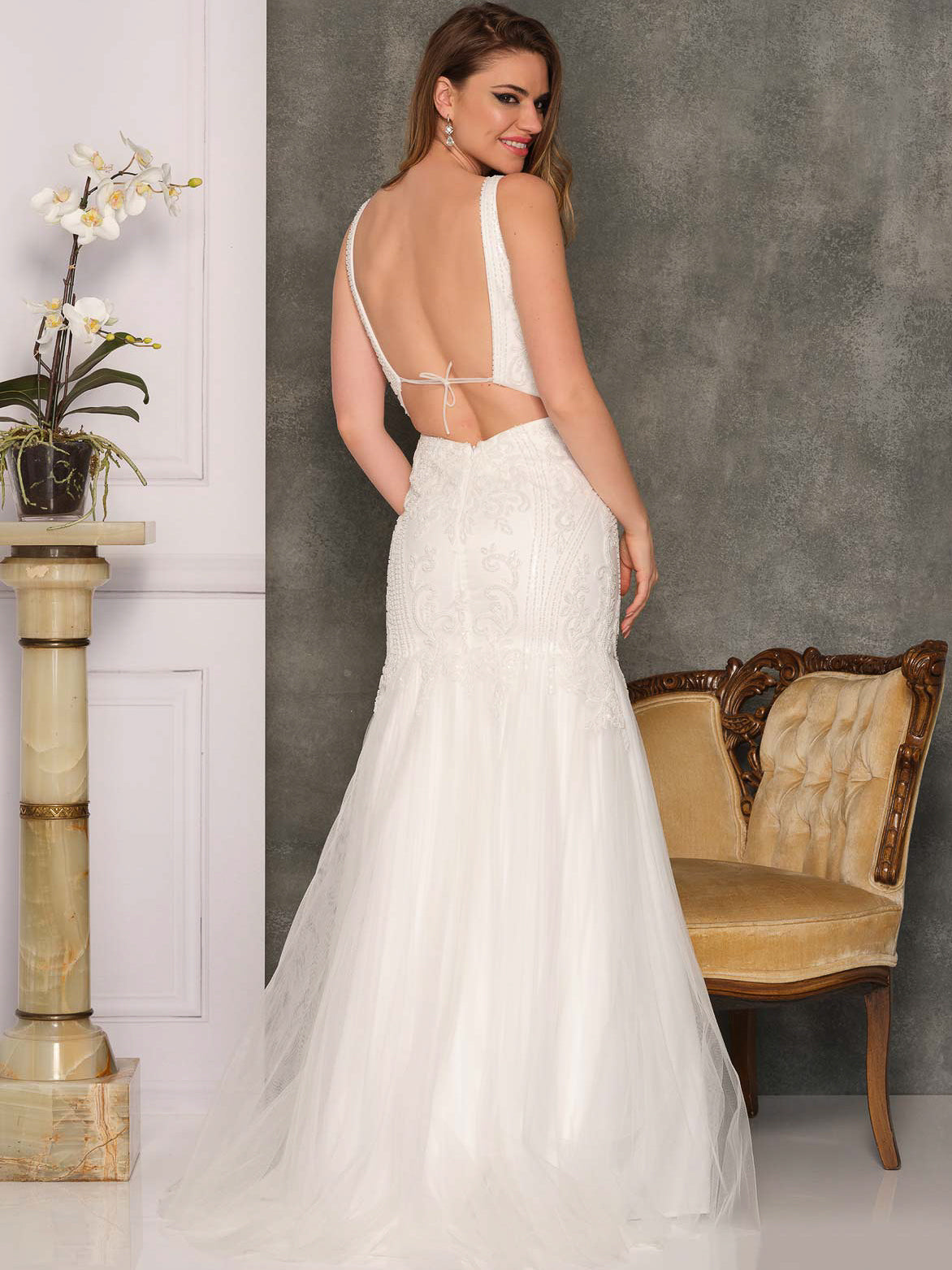 PLUNGE NECK TIE UP MERMAID WEDDING GOWN - Dave & Johnny PLUNGE NECK TIE UP MERMAID WEDDING GOWN - Dave & Johnny