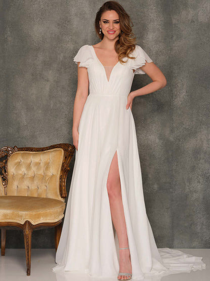 SHORT FLUTTER SLEEVE OPEN LEG WEDDING GOWN
