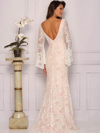 BELL SLEEVE V-NECK LACE WEDDING GOWN