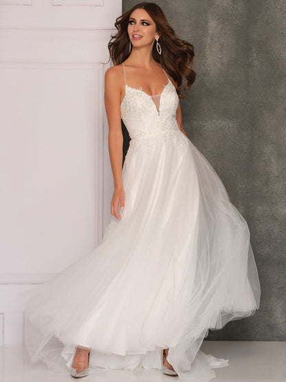 STRAPPY LOW BACK MESH LAYERED TRAIN WEDDING GOWN