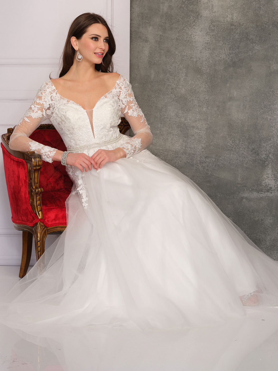 LACE LONG SLEEVE MESH PLUNGE BELTED WEDDING GOWN