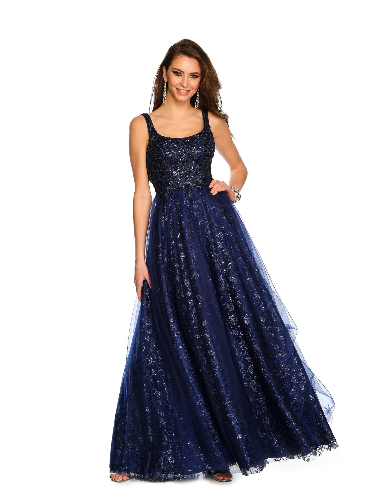 SHIMMERING SEQUINED LAYERED A-LINE GOWN