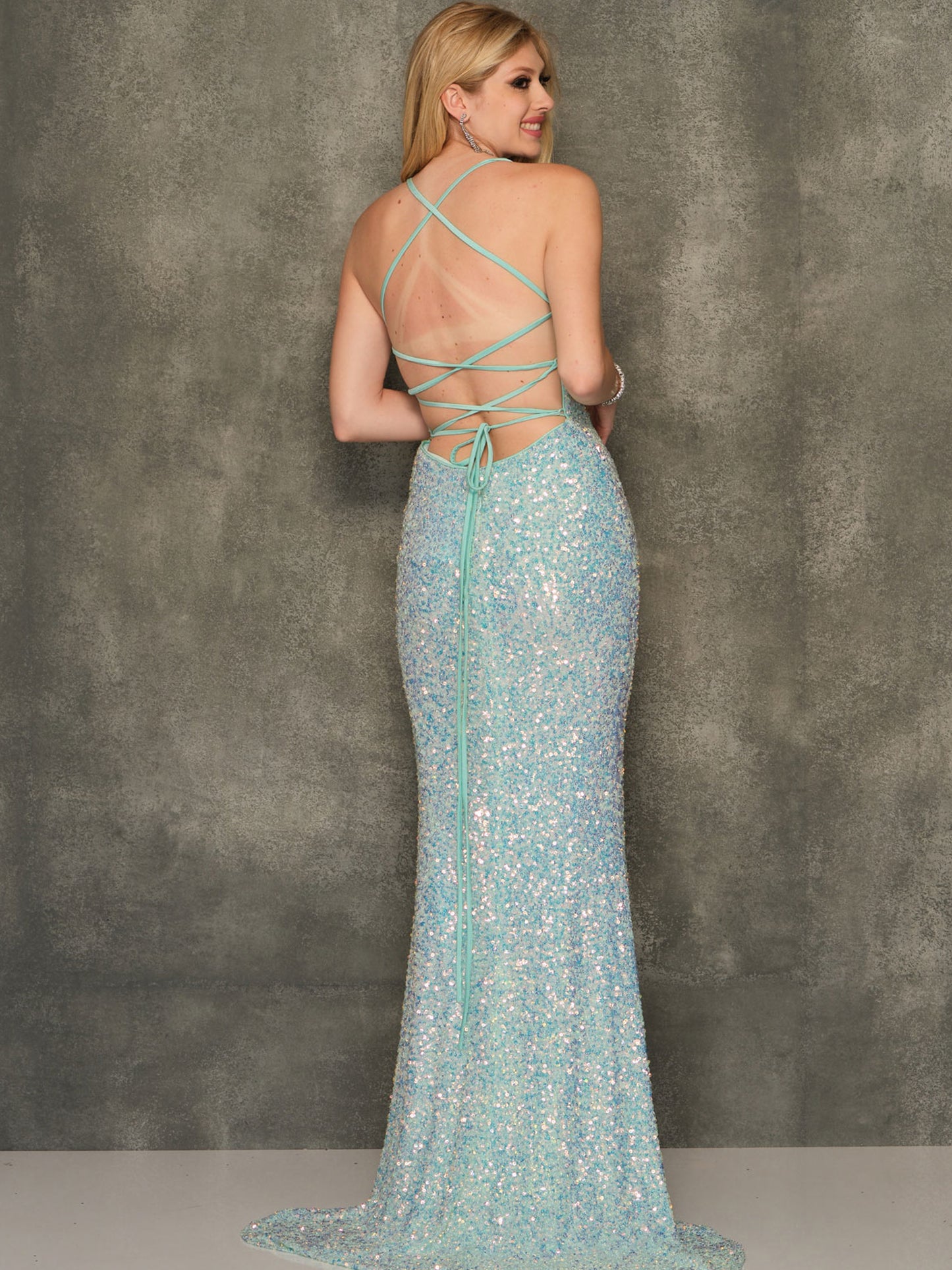 SEQUIN STRAPPY LACE BACK OPEN LEG GOWN