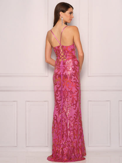 SPAGHETTI STRAP SEQUIN PATTERNED GOWN