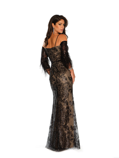 OFF-SHOULDER FEATHERED LACE MAXI GOWN