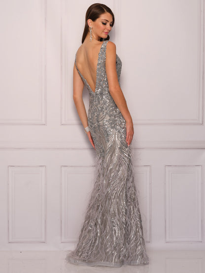 MESH GLITTER LACE OPEN LEG FEATHER GOWN