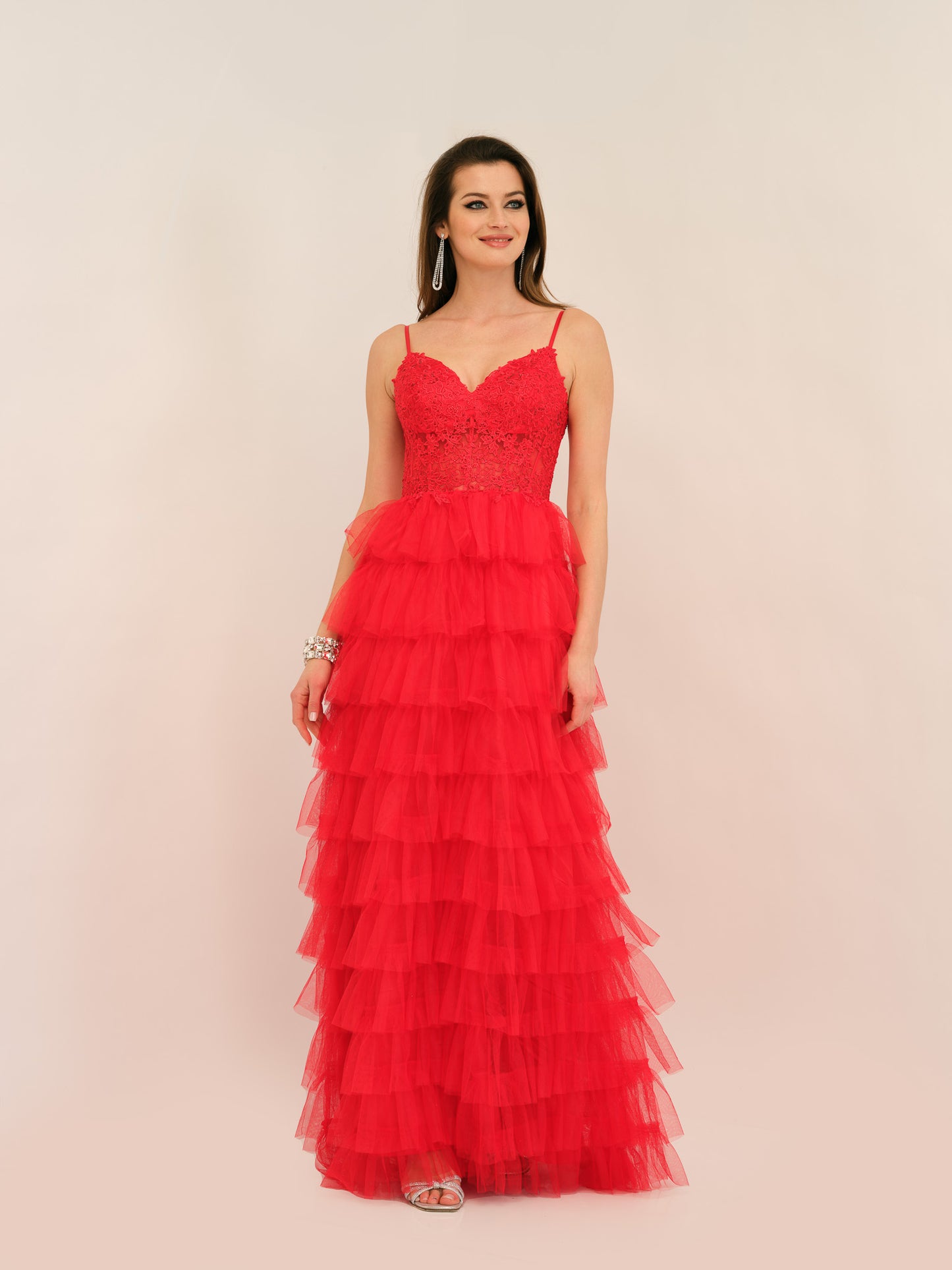 CUT OUT BACK LACE RUFFLE TIERED GOWN